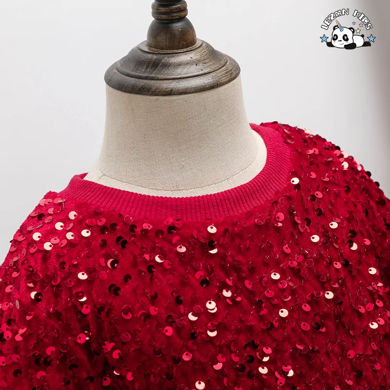 LEZONKIDS - Custom Comfortable Long Sleeve Red Velvet Girl Princess Dress Sequin Tulle Dress for Girls